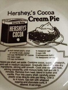 an advertisement for hershey's cocoa cream pie