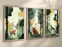 three paintings on the wall of a room with deer, bear and antelope