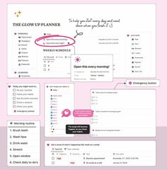 #Glow_Up_Planner #Year_End_Reflection #Language_Journal #Cozy_Morning Notion Template Ideas Personal, Pink Notion Template, Pink Notion, Notion Template Free, Planner Spread Inspiration, Simple Daily Planner, Aesthetic Notion Template