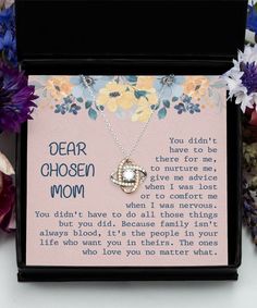 🏷 TAGS: Bonus Mom Gift * Bonus Mom * Step Mom Gift * Bonus Mom Necklace * Gift For Bonus Mom * Second Mom Gift * Step Mom Gifts * Mothers Day Necklace * Gift For Step Mom * Step Mother Necklace * Stepmom Gift * Gift For Stepmom * Second Mom Sometimes the best moms are not the ones who gave us life, but the ones who were there for us regardless of any biological connection. Show your bonus mom how thankful you are to have her in your life with this beautiful Love Knot Necklace and meaningful message. ✿ Materials Pendant: 925 Sterling Silver and Cubic Zirconia Chain: 925 Sterling Silver ✿ Product - Size Pendant Size: 15.5 x 15.5 mm Bracelet Length: 16 in + 1.97 in an extender. ✿ Processing - Time All orders will have a 3-5 day processing time. orders usually take 3-5 business days to be del Gift For Step Mom, Mothers Day Necklace, Boyfriends Mom Gifts, Bonus Mom Gifts, Mother Necklace, Bonus Mom, Step Mom Gifts, Step Mom, Meaningful Messages