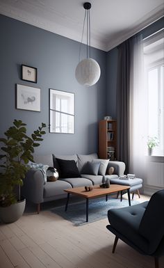 a living room with blue walls and furniture