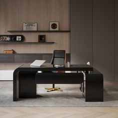 an office with a black desk and shelves on the wall, along with a white chair