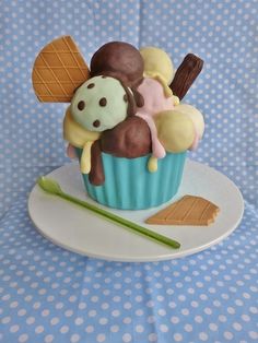 a cupcake with ice cream and chocolate toppings