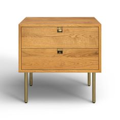 a wooden nightstand with two drawers on one side and metal legs, against a white background