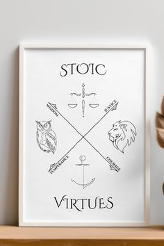 a white framed poster with the words stoic, virtudes and an owl