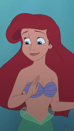 ariel from the little mermaid with her hand on her chest and looking at the camera