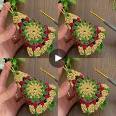 the video shows how to crochet an ornament with flowers and leaves