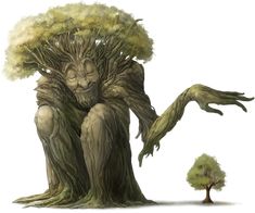 an illustration of a tree man sitting on the ground next to a small tree with its arms outstretched