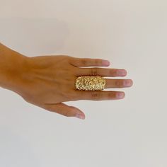 Details: Materials: Pewter hand-dipped in 14K gold plate Measurements: 2" Carved Ring, Textured Ring, Plate Size, Gold Rings, Gold Plate, 14k Gold, Carving, Size 7, Ring