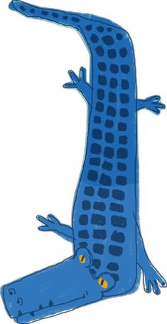 an illustration of a blue alligator with yellow eyes on it's back legs and tail