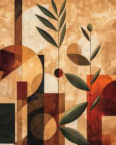 an abstract painting with leaves, circles and shapes on wood paneled wallpapers