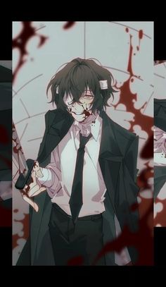 a man in a suit and tie holding a knife with blood all over his face