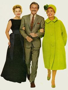 two women and a man are standing next to each other in green coats, dresses and hats