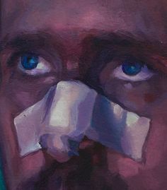 a painting of a man's face with a piece of paper in his mouth