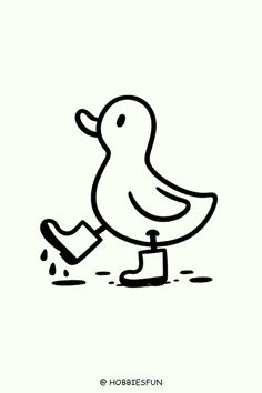 a black and white drawing of a duck on the ground with its foot in water