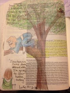 an open bible with a drawing of a tree