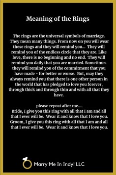 a poem written in black and gold with the words meaning of the rings on it