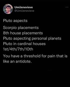 the text on the phone says, pluto aspects sorpio placements 8th house placements pluto ascending personal planets pluto in cardinal