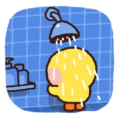 an image of a cartoon character in the shower with rain coming from his hat on