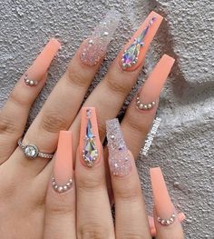 Peach Colored Nails with Rhinestones Nails Professional, Nails Stiletto, Her Nails, Long Acrylic Nails Coffin, Coffin Nails Long