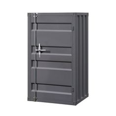 a gray metal storage cabinet with three doors and one door open to reveal the inside