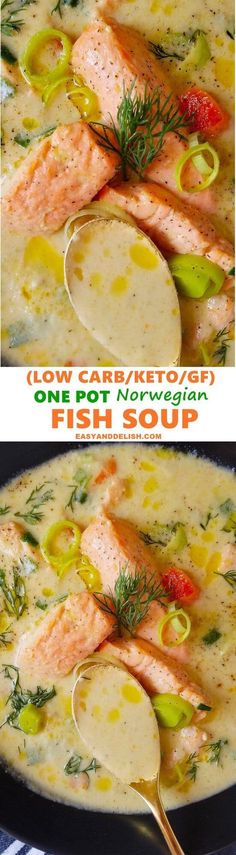 two pictures of salmon and vegetable soup in a skillet