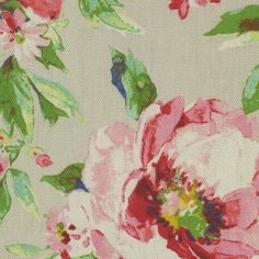 a pink and green floral print fabric with white flowers on the bottom half of it