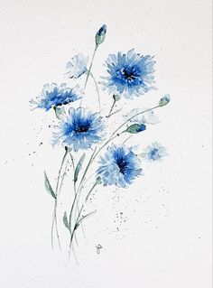 watercolor painting of blue flowers on white paper