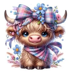 a painting of a little cow wearing a bow and flowers on its head with blue eyes