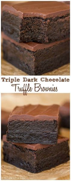 triple dark chocolate truffle brownies are stacked on top of each other and ready to be eaten