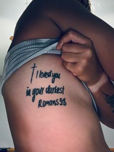 Rib cage tattoo Bible verse small cross women Rib Tattoo, Tattoos And Piercings, Tattoo Quotes, Piercings, Tattoos