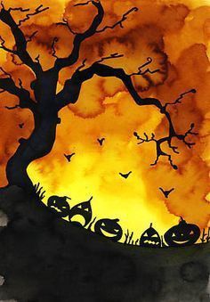 watercolor painting of a tree with pumpkins and bats in the branches at night