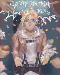 a drawing of a blonde haired girl surrounded by confetti and streamers with the words happy birthday annn on it