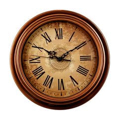 an old fashioned clock with roman numerals on the face and hands, isolated against a white background