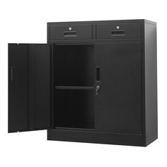 a black cabinet with two doors and one door open