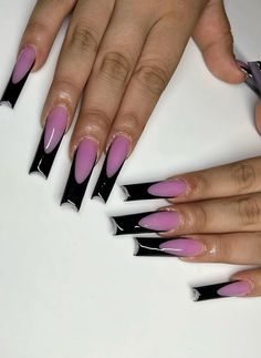 Pink Nails Black French Tip, Black And Pink French Tip Nails, Black French Tip Stiletto Nails, Pink And Black French Tip Nails, Long Black French Tip Nails, Acrylic Shorties, French Acrylic Nail Designs, Nail Boo