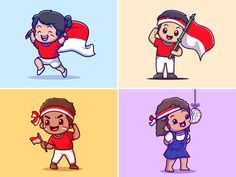 four cartoon children with different national flags on their heads and body, all in various poses