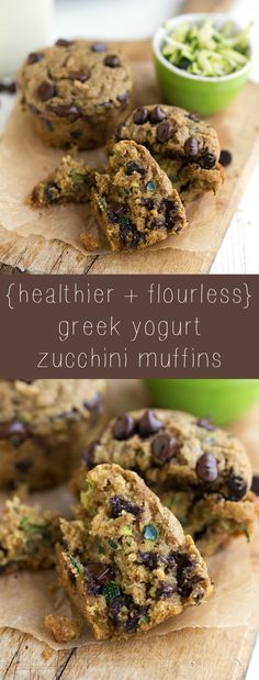 chocolate chip cookies on a cutting board with the text healthier + flourless greek yogurt zucchini muffins