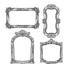 four different frames with ornate designs on the sides and one is drawn in black ink