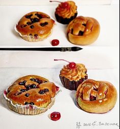 three different pictures of pastries with cherries on them