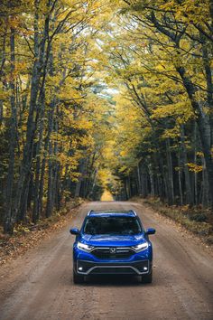 a blue car parked on the side of a dirt road in front of trees with yellow leaves