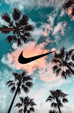 the silhouette of palm trees and a nike logo against a blue sky with pink clouds