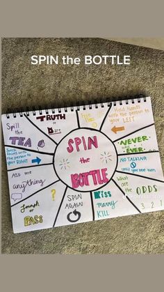 a spiral notebook with the words spin the bottle on it