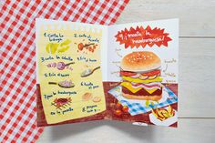 an open book with pictures of hamburgers and other food items on the cover, next to a checkered tablecloth