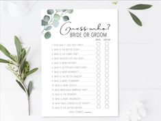 a printable bridal or groom checklist with greenery on the side and white flowers