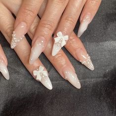 Everyday Nails, White Coquette, Gel Toe Nails, Acrylic Nail Set, Girly Acrylic Nails, Acrylic Nails Coffin Short, Nail Manicure, Almond Nails, Winter Nails