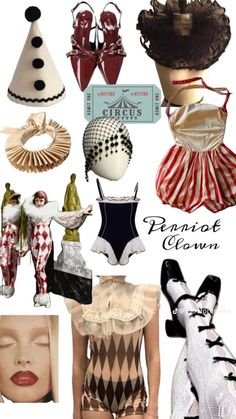 several different types of women's clothing and hats with words above them that read, pantom clown