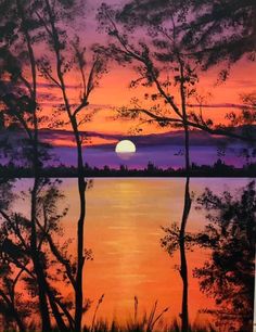 two paintings of trees and the sun setting over water with purple, yellow and orange colors