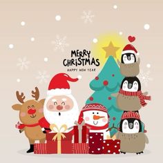 merry christmas card with santa claus, penguins and reindeers in front of a christmas tree