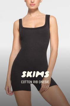 Our signature mid-thigh bodysuit silhouette, now in our super comfortable cotton. Take this one-and-done style and wear it alone or layer it with your favorite blazer, sweatshirt, or jacket! Fits true to size. | SKIMS Onesie (Bodysuit) | Black | 2XS | Cotton Rib Jacket Fits, Bodysuit Black, Cotton Romper, Black Xs, Black Bodysuit, Black Media, Wear It, Christmas List, Capsule Wardrobe